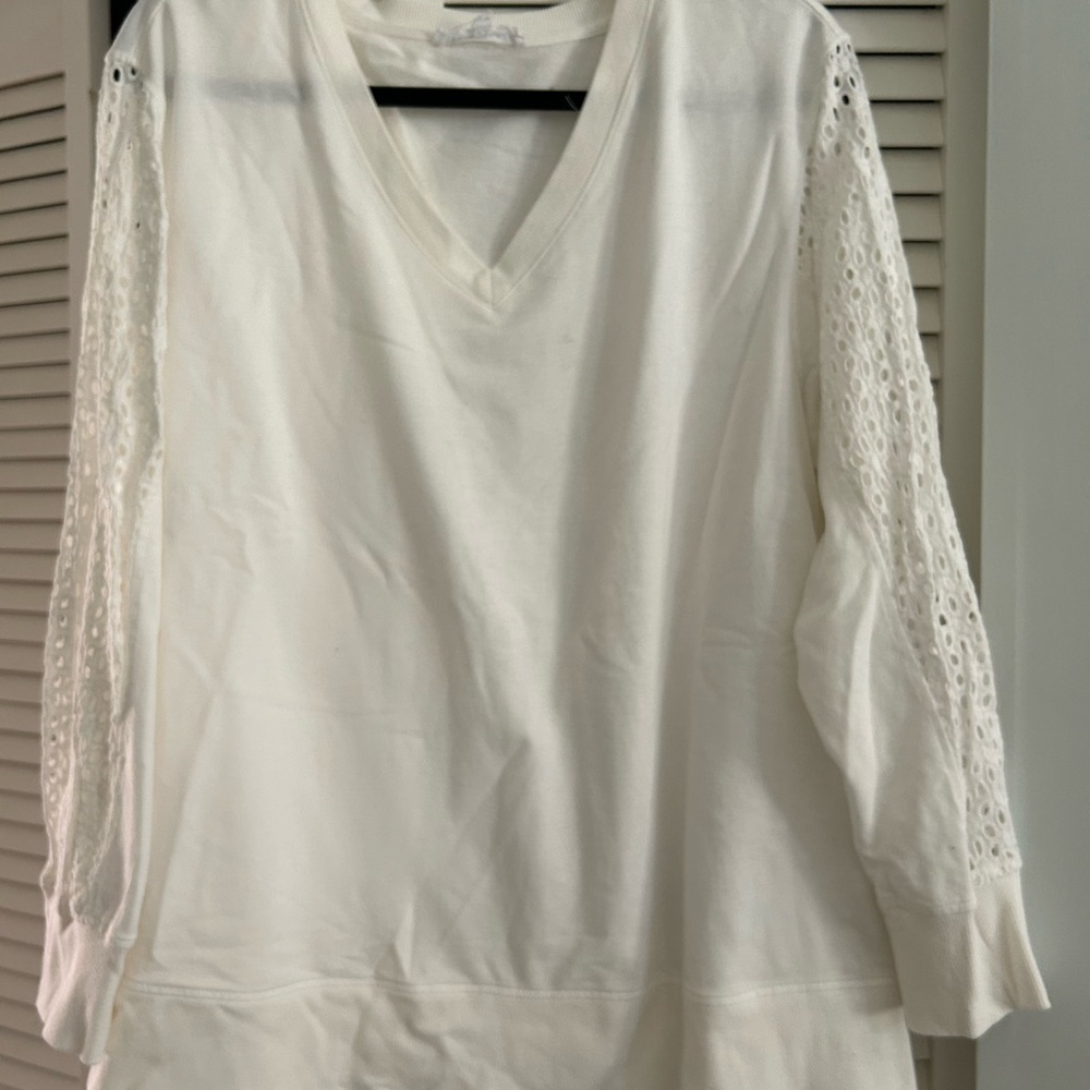 Jane and Delancey White V-Neck Top with Eyelet Sleeve Detail